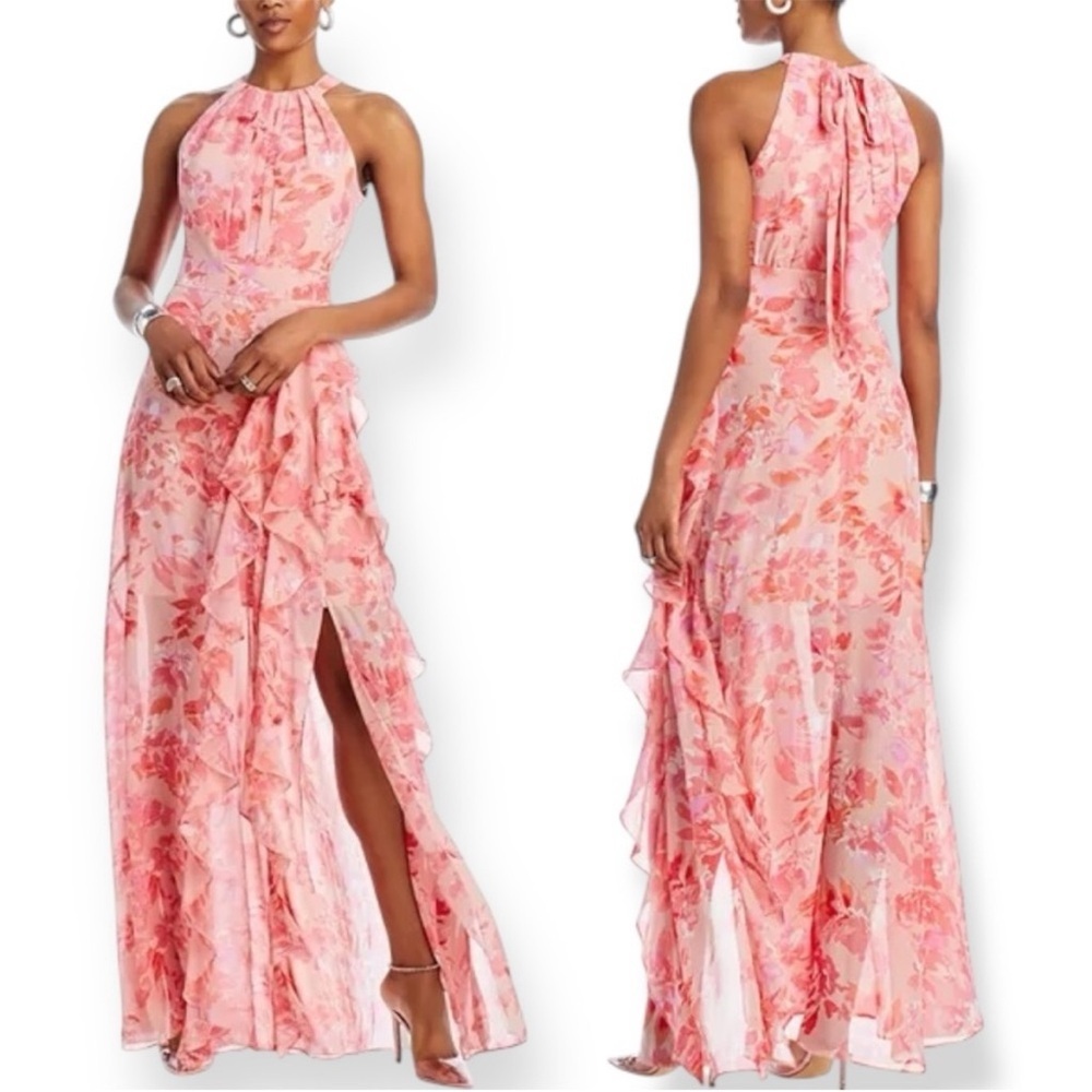 Eliza J Reverse Halter Floral Floor Length Front Slit Maxi Dress Size 2
